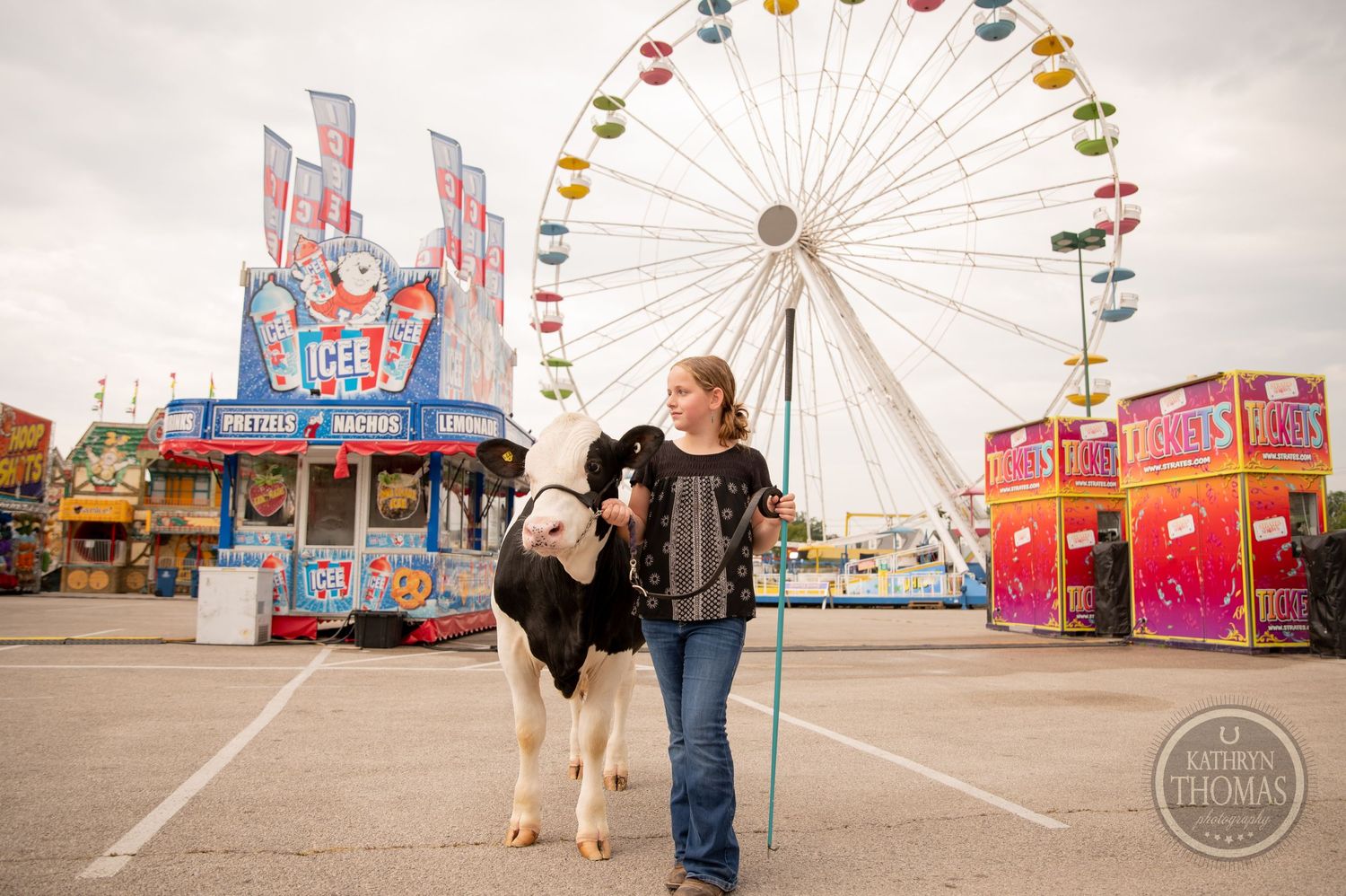A person poses with a black and white dairy cow in front of a colorful carnival ferris wheel and food stands.