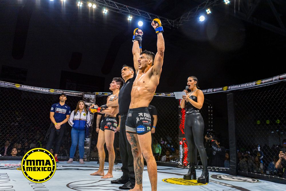 Victorious fighter celebrates in octagon ring under dramatic arena lighting.