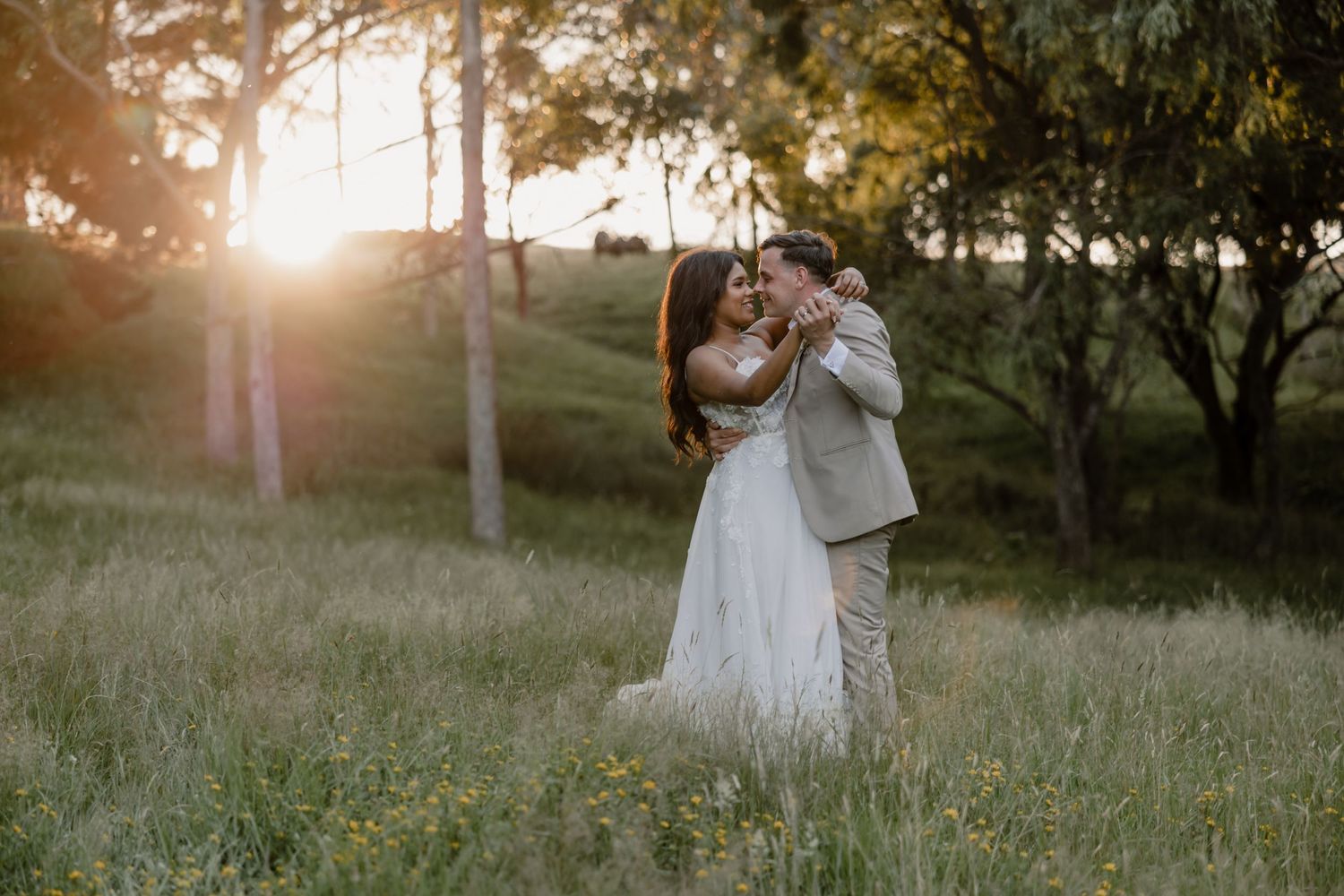 Sunset wedding shoot at Waterfall Farm, Auckland: forest photos with a South African bride and English groom.