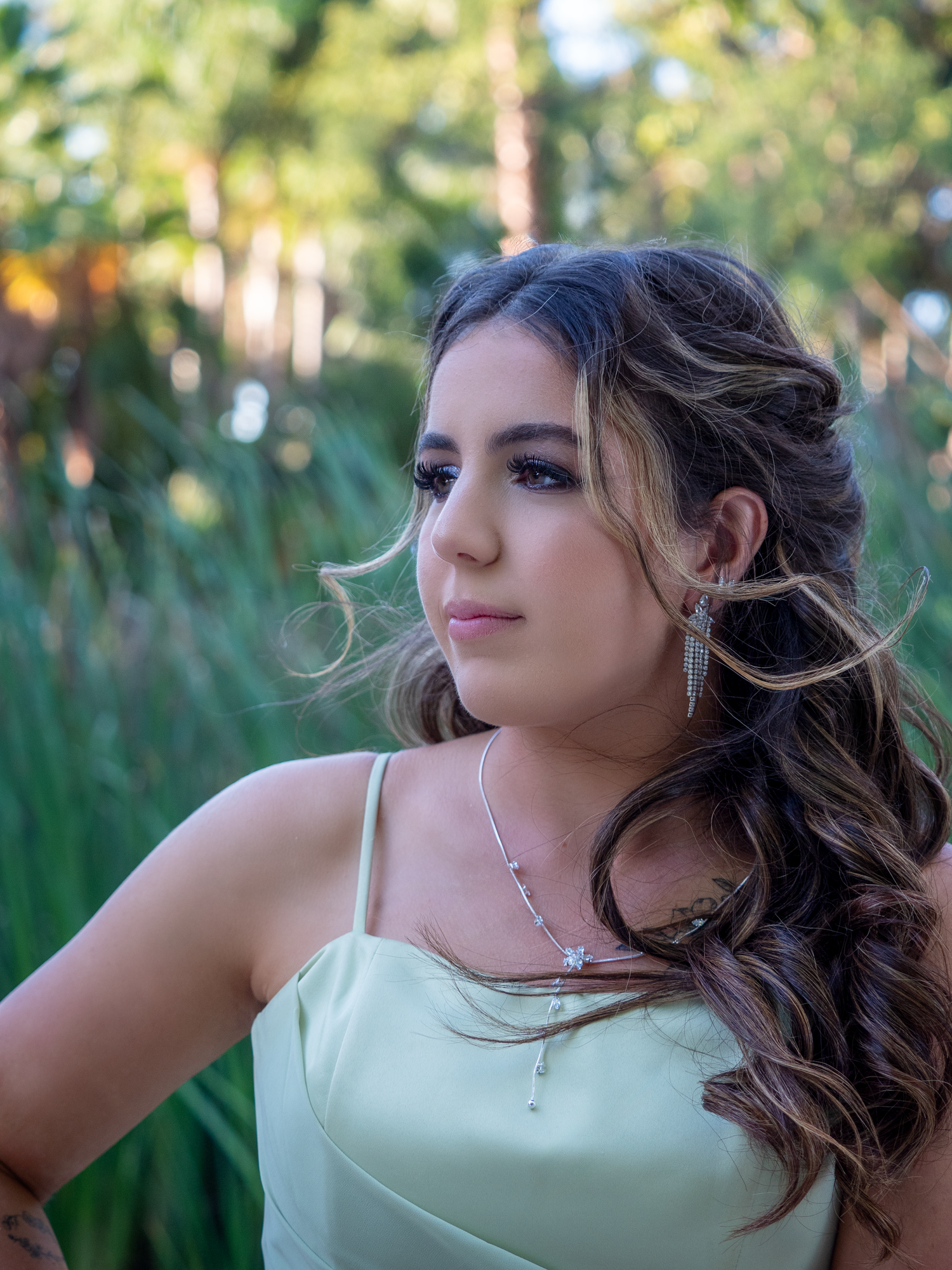 School prom photo high school prom nigh girl in formal green dreee with long hair