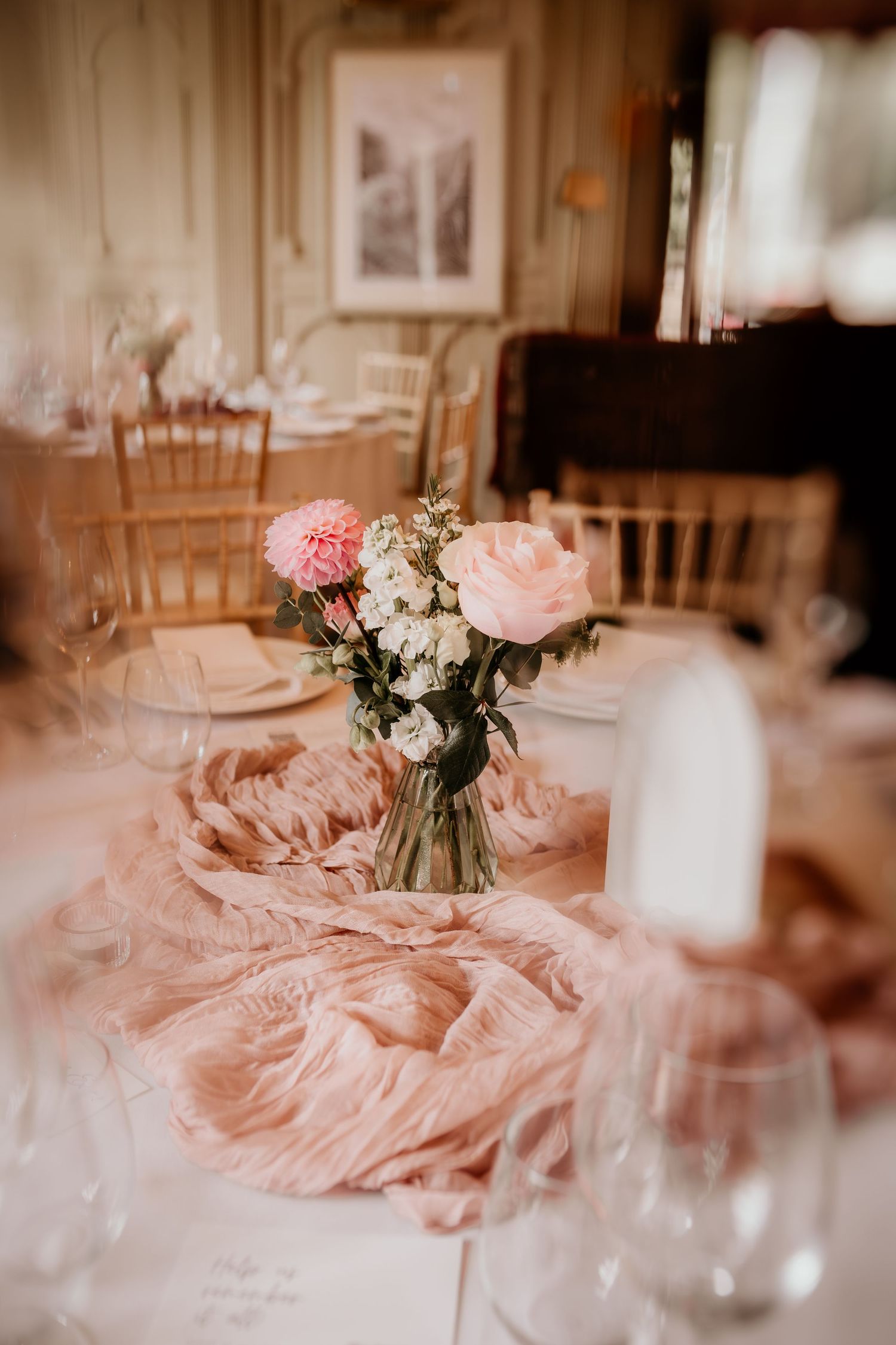 Elegant wedding reception in the grand hall of Highfield House, lots of candles romantic