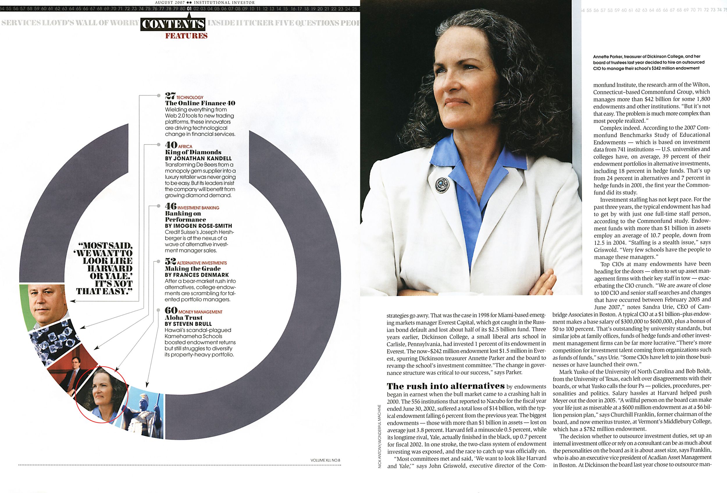 Magazine contents page featuring female doctor in white coat with circular infographic design layout.