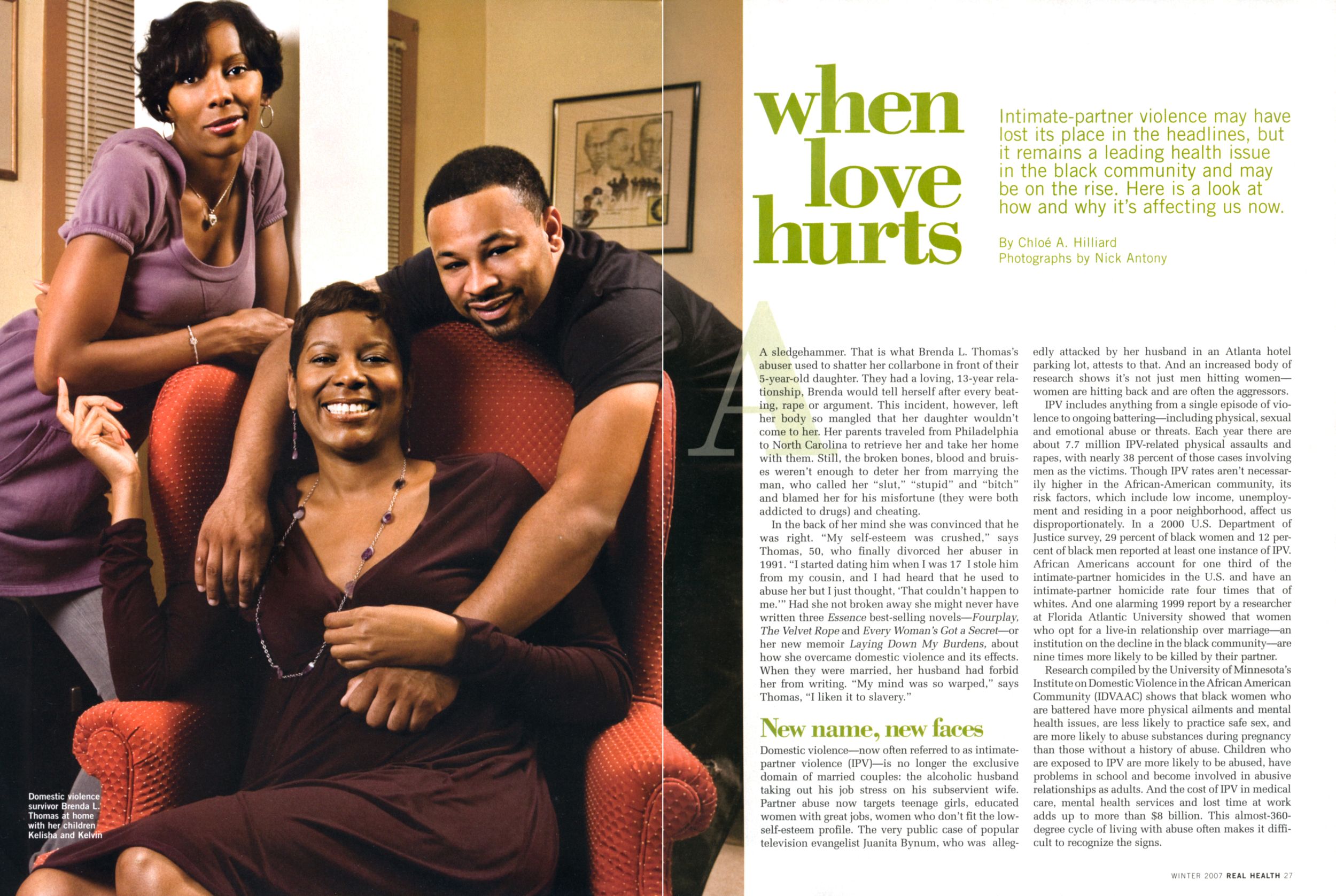 Magazine article titled When Love Hurts featuring African American family portrait in warm home setting.