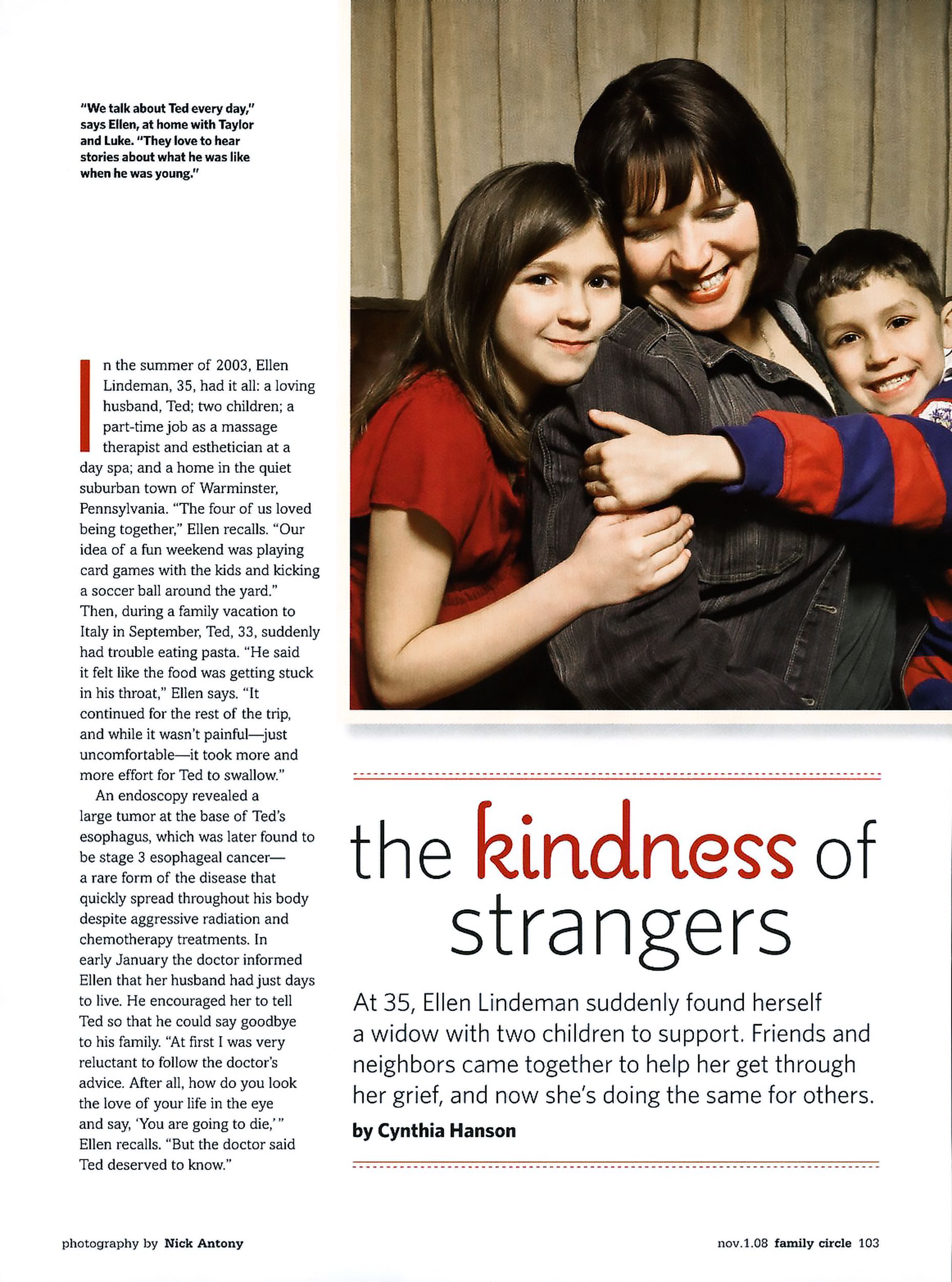 Family magazine article The Kindness of Strangers featuring mother Ellen Lindeman with two children.