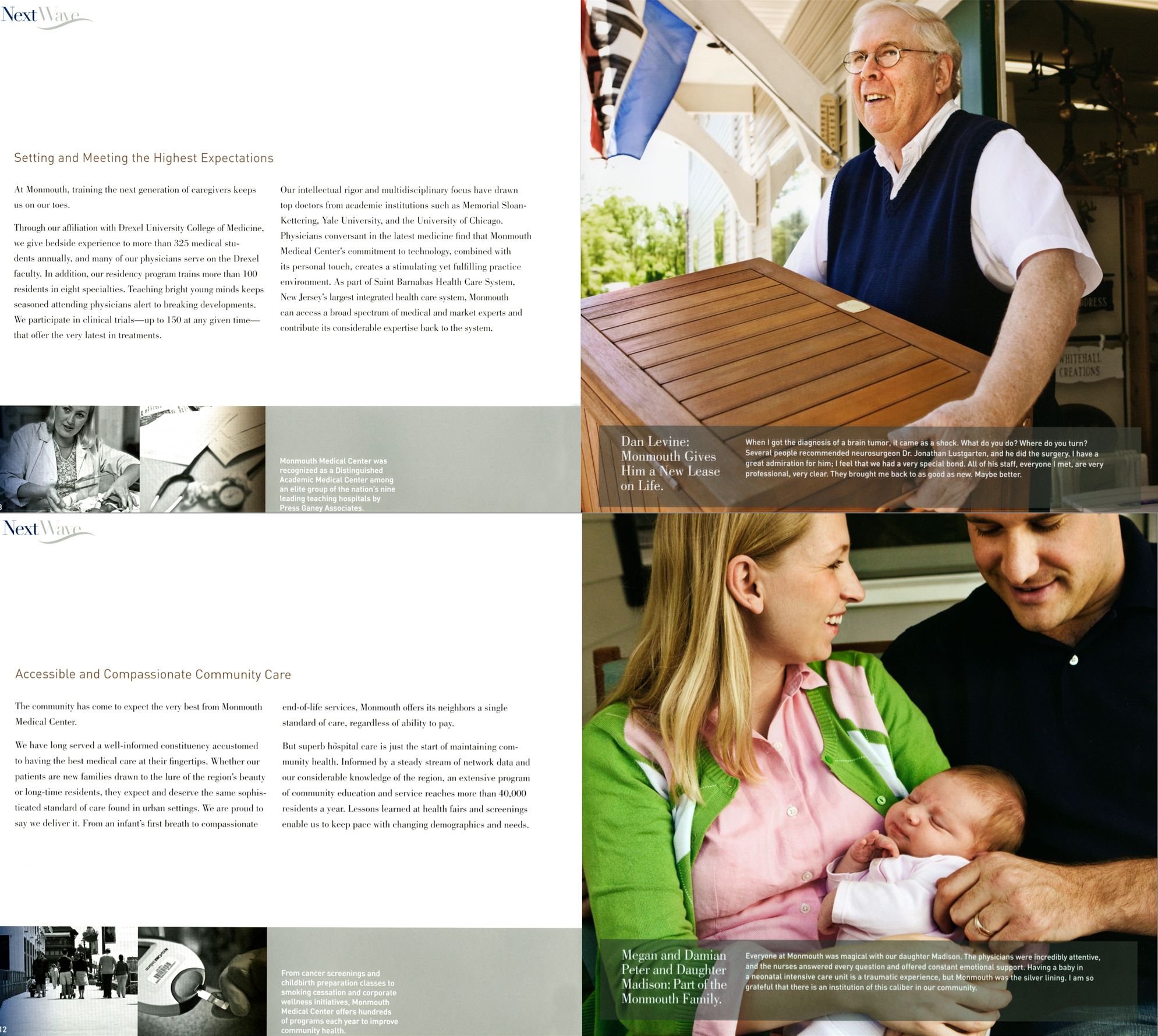 Healthcare brochure featuring elderly patient, medical staff, and family with newborn baby in compassionate care settings.