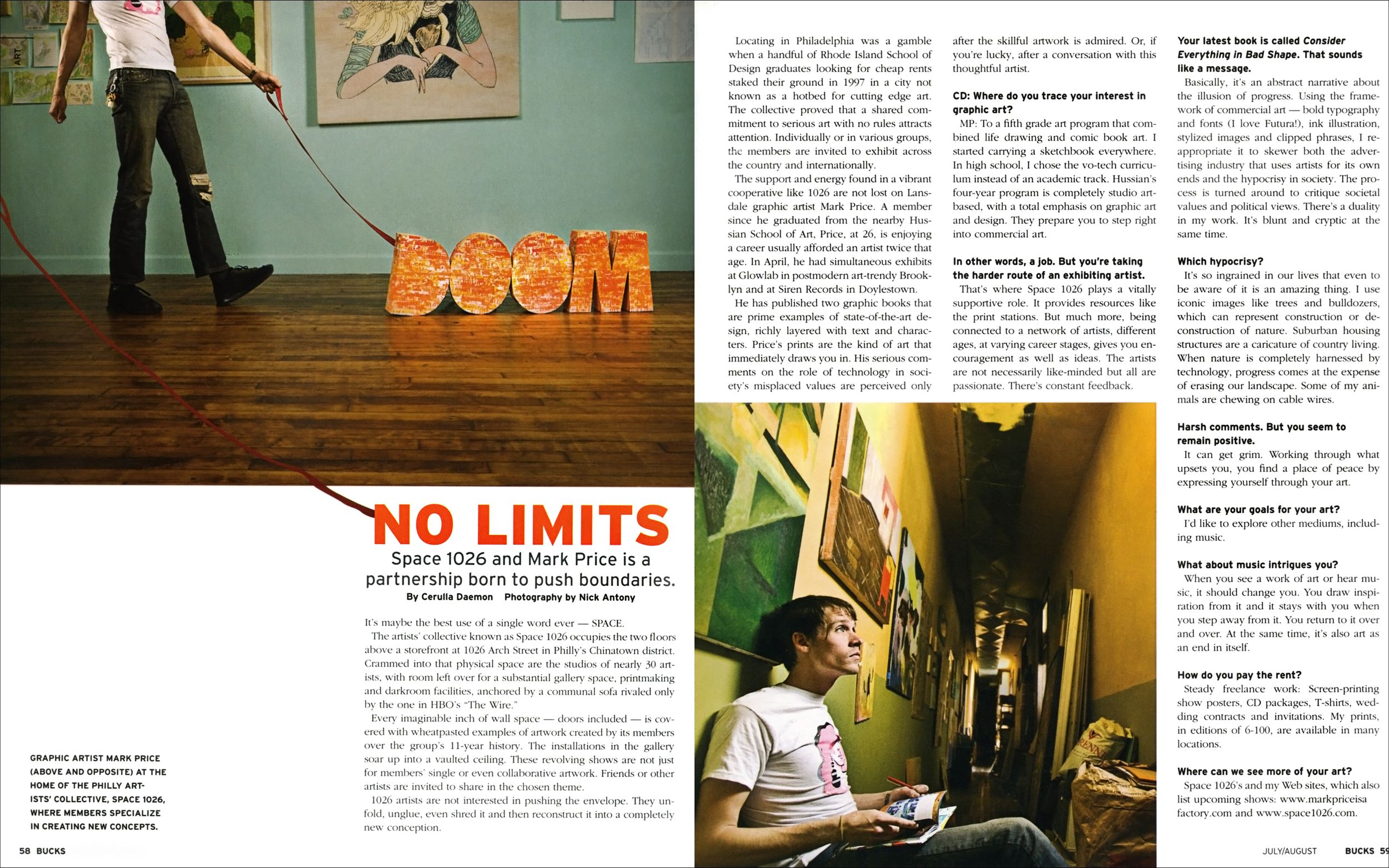 Magazine spread titled No Limits featuring colorful BOOM letters and interview with young person gaming.