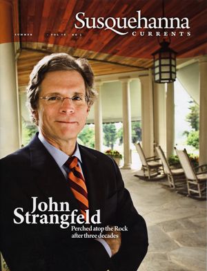 Susquehanna Currents magazine cover featuring John Strangfeld standing on colonial-style porch in summer.