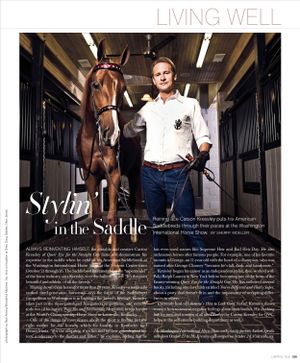 Carson Kressley rides a horse in equestrian attire at the Washington International Horse Show.