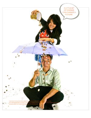 Woman pours coins from a jar onto an umbrella held by a seated man in a creative advertisement.