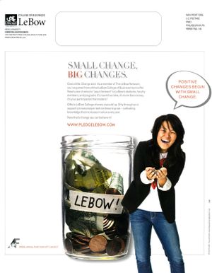LeBow College of Business small change campaign ad featuring a woman laughing beside a coin jar.