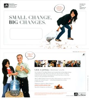 LeBow College of Business fundraising mailer showing people donating coins with bold text overlay.