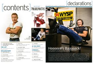 Philadelphia Style magazine contents page featuring a radio personality at a WYSP studio desk.