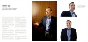 A man in a blue shirt gestures during an interview, featured in a magazine spread with multiple portrait shots.