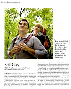 CBS3 anchor Doug Kammerer poses outdoors with his young son in an autumn fall magazine feature story.