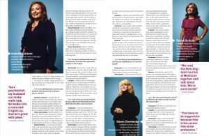Four professional women are featured in a magazine spread discussing psychology and mental health topics.