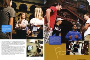 College students interact and socialize in a vibrant university campus building in a magazine spread.