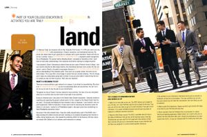 Four young men in suits walk on Wall Street in a college finance education magazine article.
