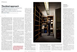 A businessman stands in a library archive room in a Philadelphia magazine article about investment funds.