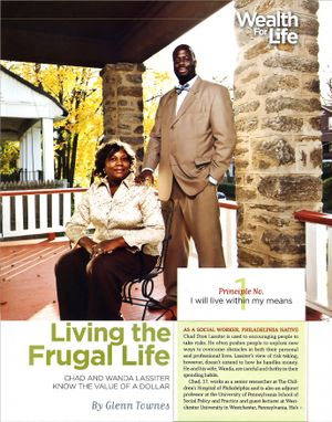 Chad and Wanda Lassiter pose outside their home in a Wealth for Life magazine article about living frugally.