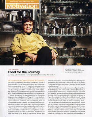 Culinary arts teacher stands in a professional kitchen for a motivational magazine feature on education.