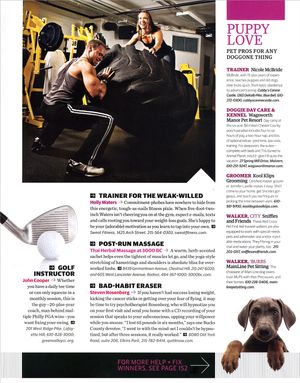 Magazine wellness page featuring a golf instructor, trainer, massage therapist, and pet care recommendations.