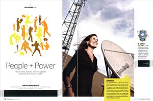 Woman smiling outdoors near a satellite dish for a People and Power magazine feature story.