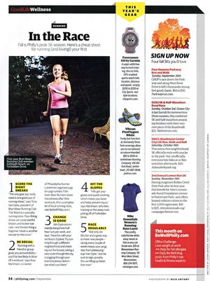 Female runner jogs on a fall trail in Philadelphia for a seasonal running guide magazine article.