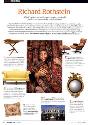Richard Rothstein, South Jersey rug dealer, poses with colorful antique textiles and handmade pillows in his collection.