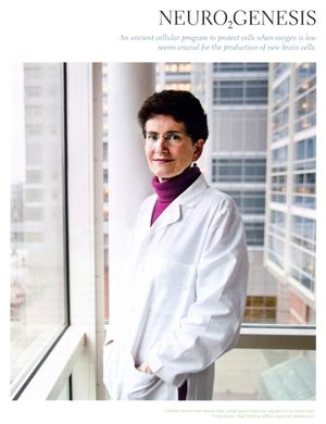 Female scientist in white lab coat stands by window in article about neurogenesis and brain cell production.