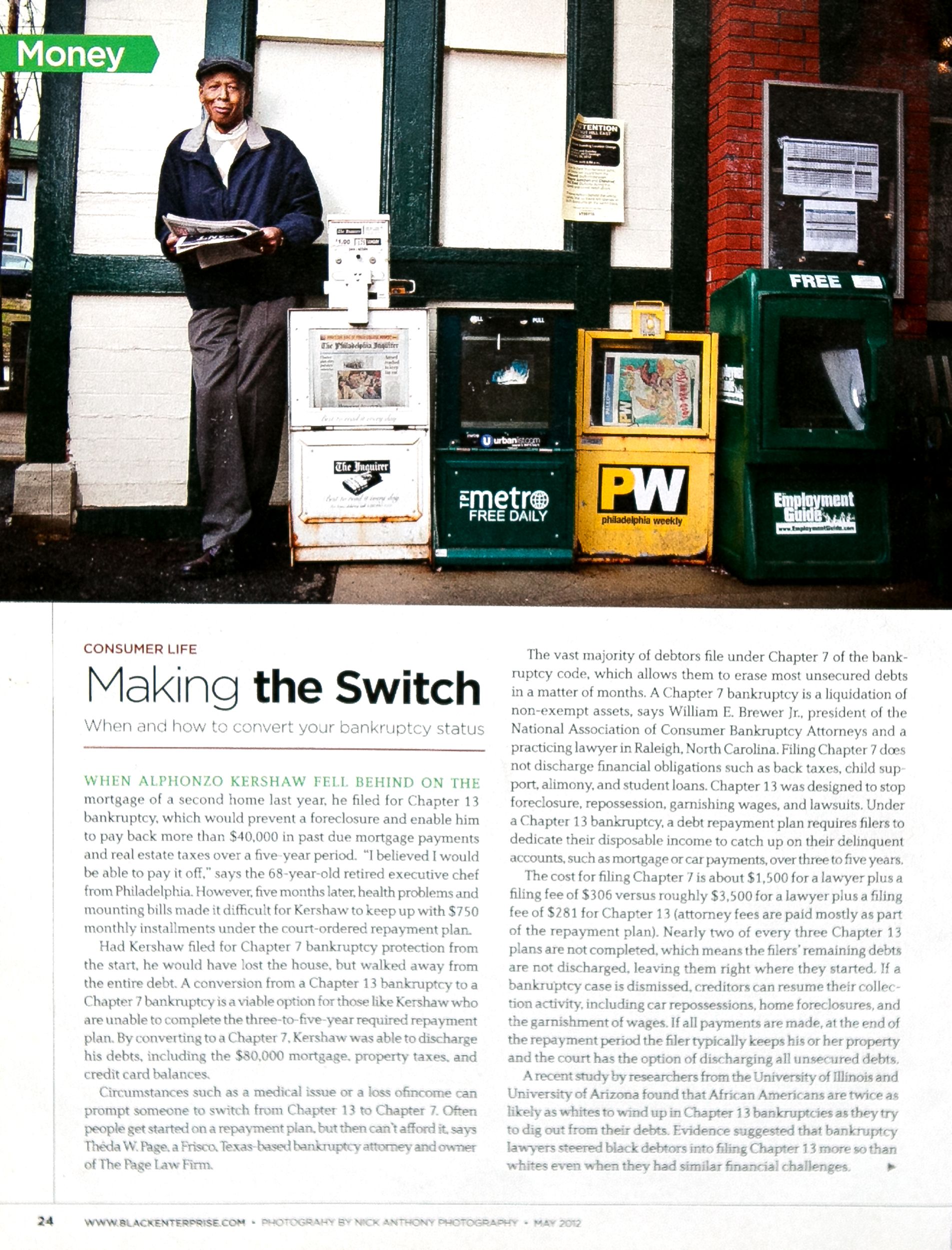 Philadelphia Magazine Money section article on Making the Switch, covering Chapter 7 bankruptcy filing options.
