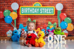 Sesame Street themed first birthday setup with colorful balloons and plush characters.