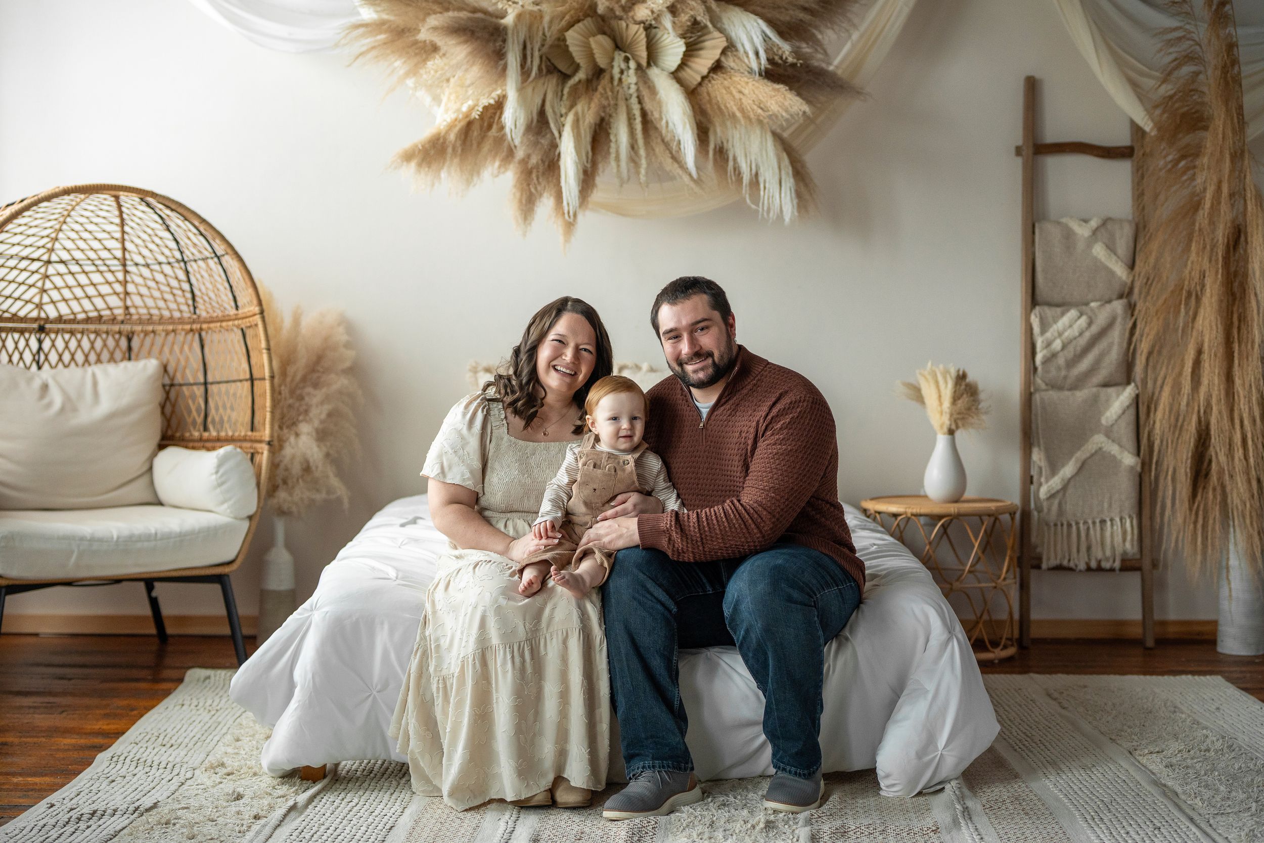 A series of lifestyle photos showing a family sitting together in a cozy, neutral-toned living room setting.