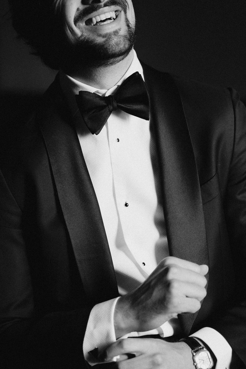Black and white close-up shots of formal wear details including bow tie and tuxedo.