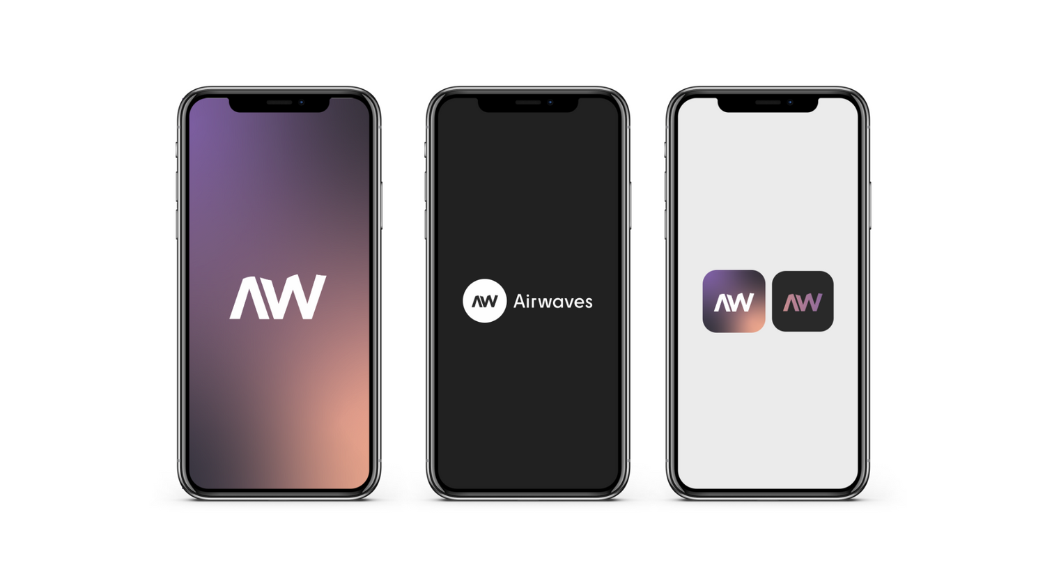 Three iPhone mockups displaying different app logos and branding screens.