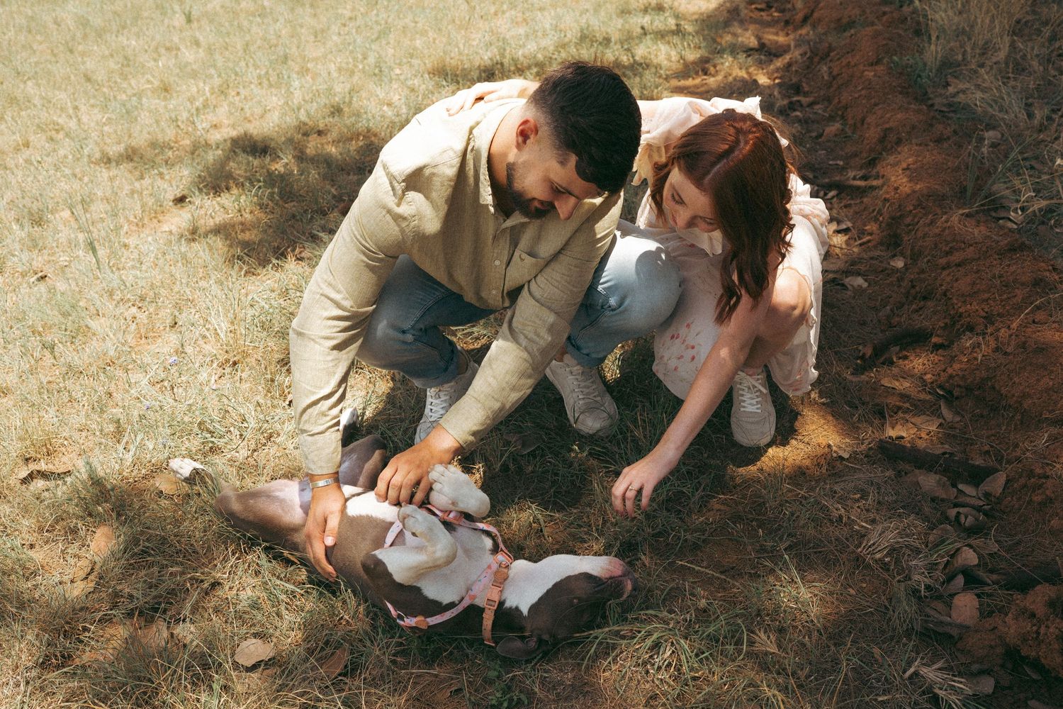 A couple and their dog share playful moments during a sunny outdoor photoshoot.