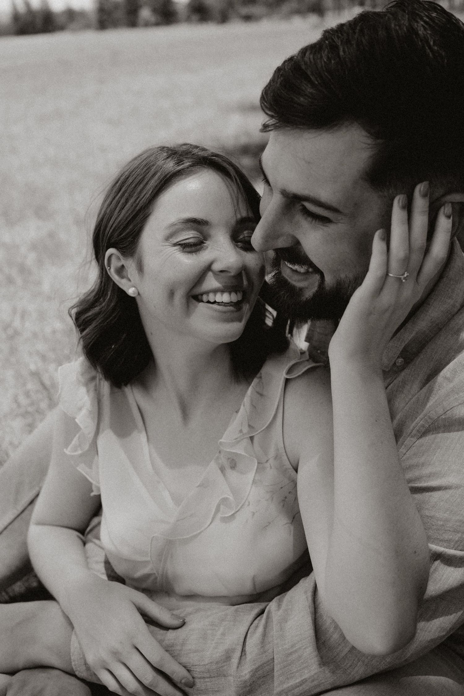 Black and white photo sequence showing playful romantic moments outdoors.