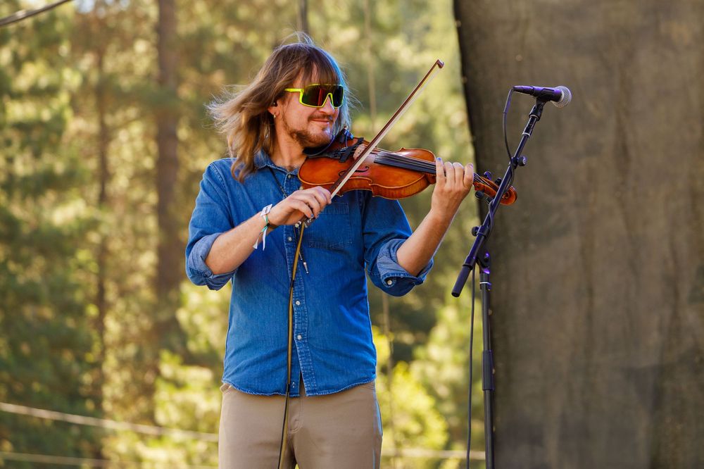 Musician performs outdoors in a blue shirt with a violin at a microphone stand in a sunlit forest setting.