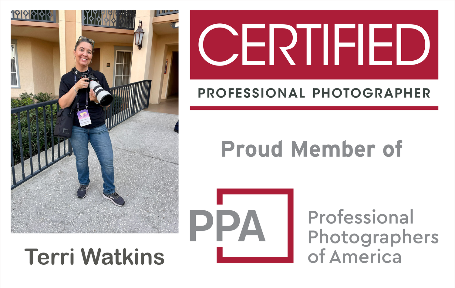 Professional photographer certification badges and business logo for Terri Watkins.