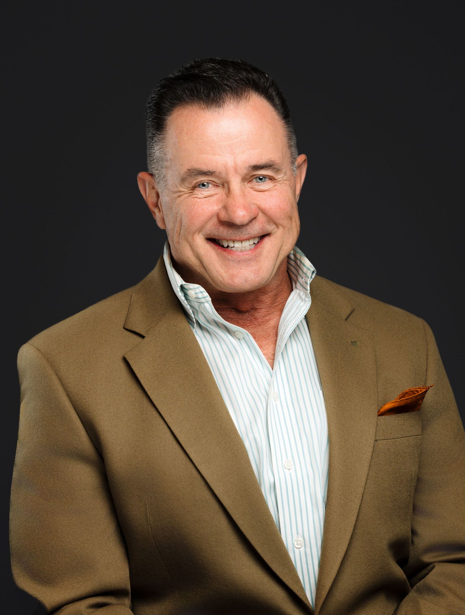 Professional headshot series showing a person wearing a tan blazer and white striped shirt against dark background.