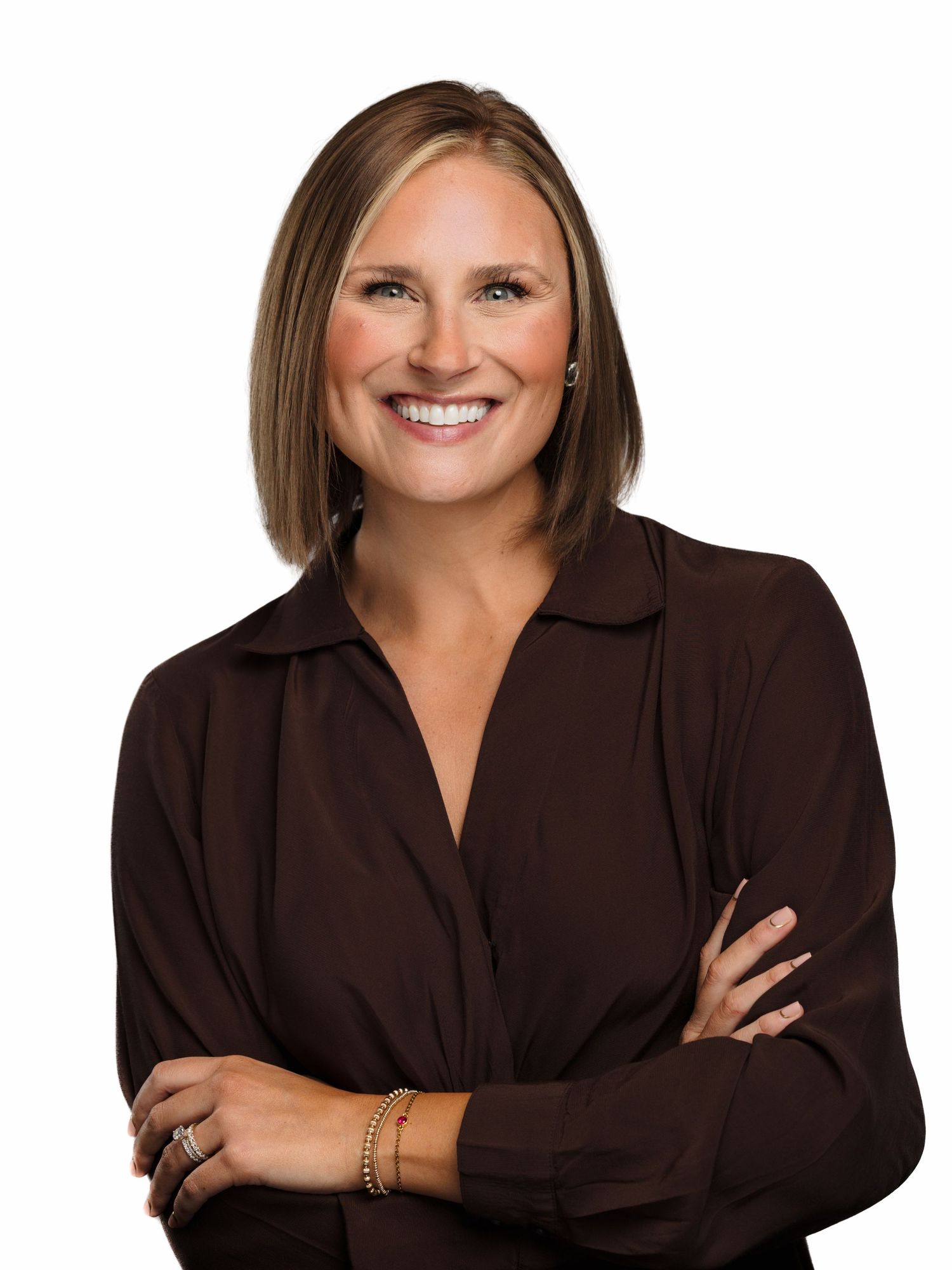Professional headshots showing a person in a brown blazer smiling warmly against a white background.