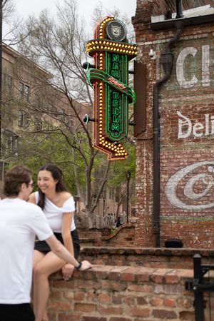 Urban destination engagement session photographed in Greenville, South Carolina