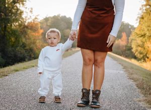 A series of five side-by-side photos showing legs and feet walking on a gravel path during golden hour.