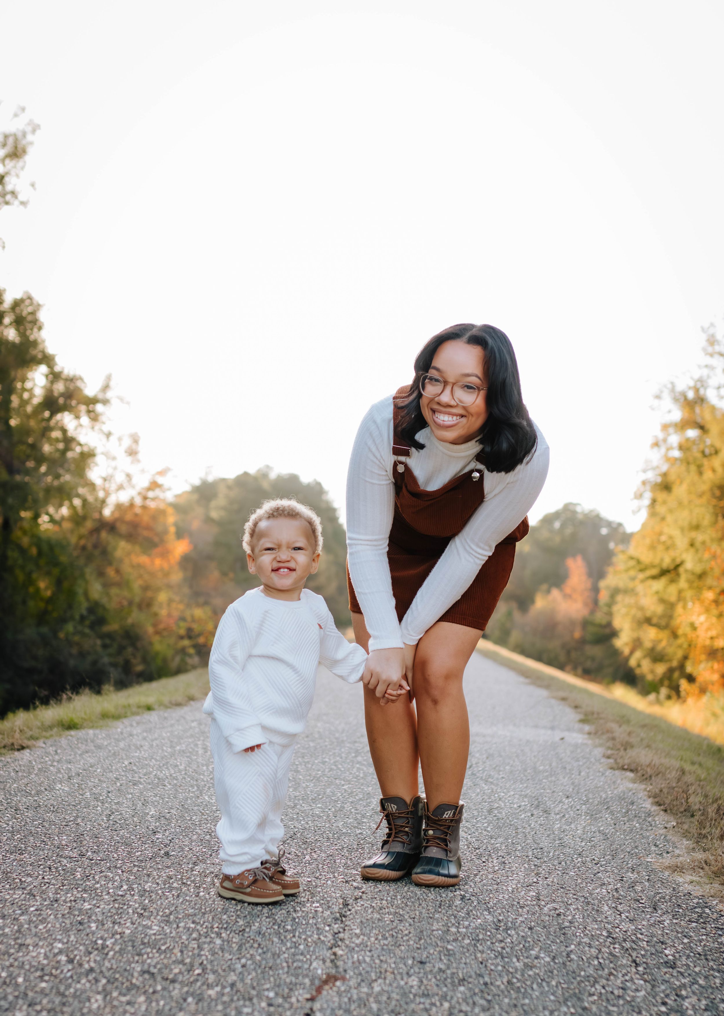 A heartwarming sequence of candid moments between parent and child walking together on a gravel path at sunset.