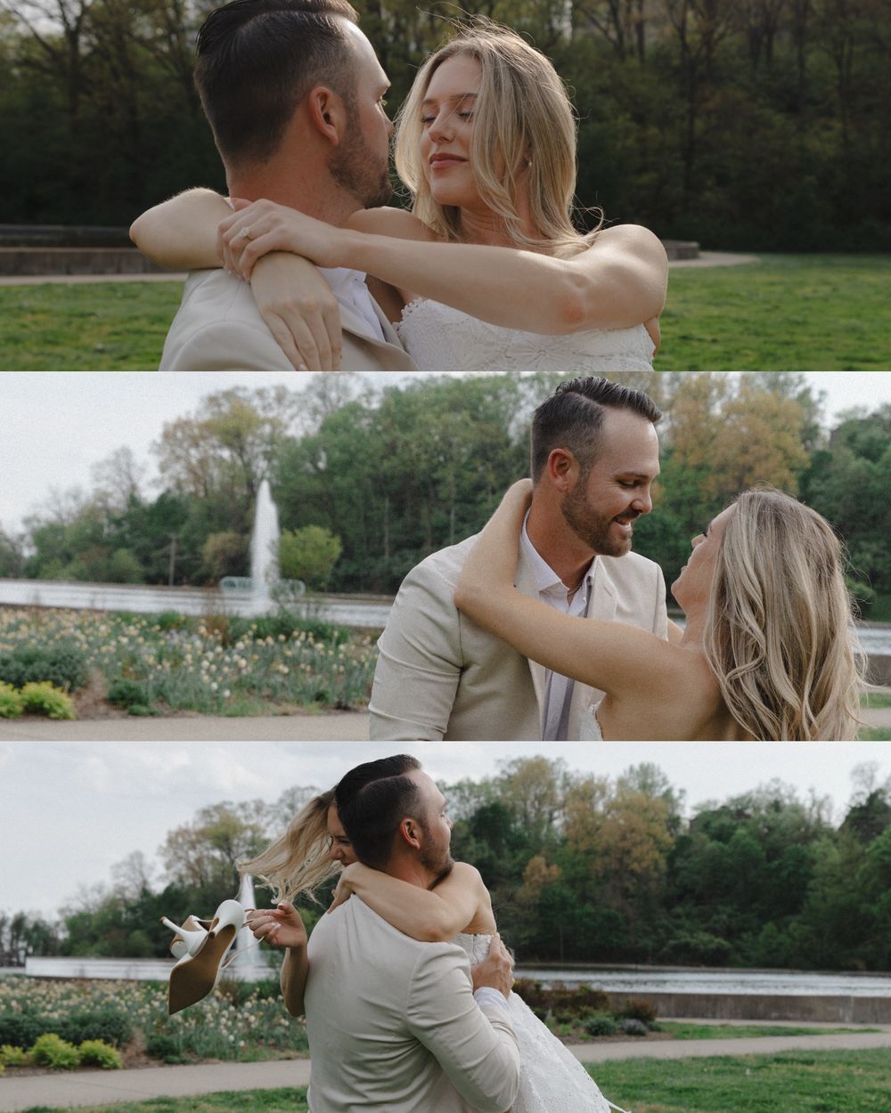 Romantic couple embracing and spinning outdoors in a garden park setting during an engagement photo session.