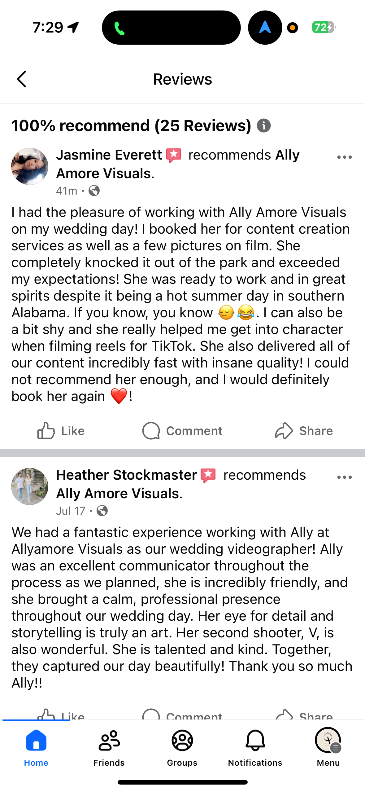 A positive customer review of Ally Amore Visuals on social media praising their wedding photography services.