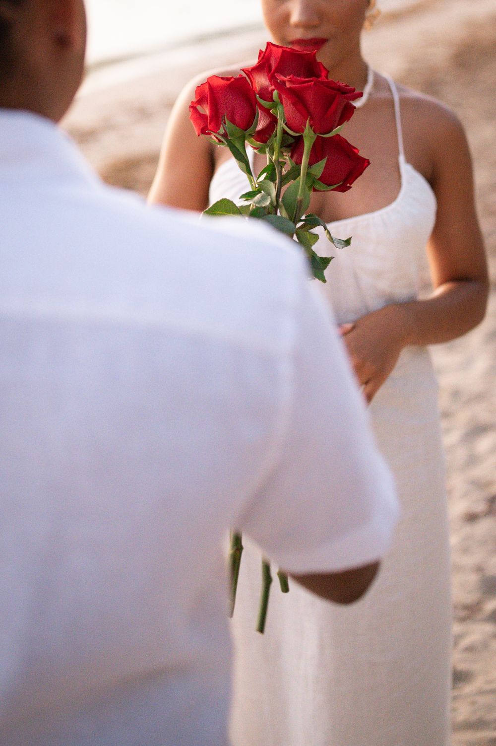 Couple d'amoureux, l'homme tend à la femme un bouquet de roses rouges