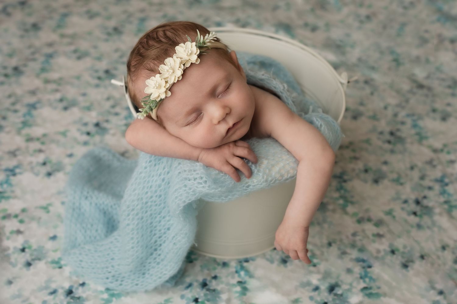 Charlottesville, Virginia family photographer, newborn in bucket, studio session, maternity, blue wrap and headband