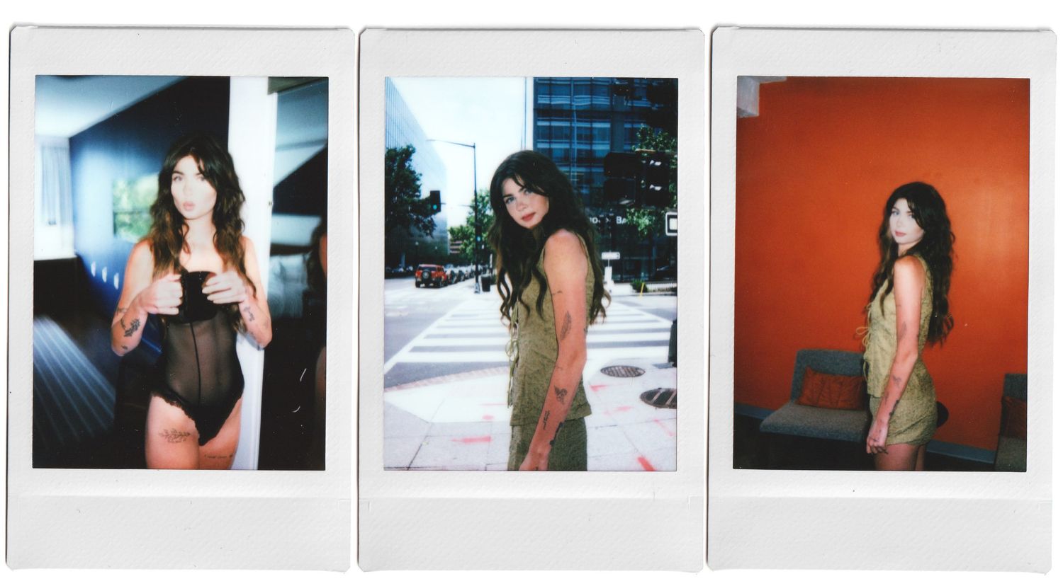 Three vintage Polaroid style photos showing casual lifestyle shots in different settings with warm and moody lighting.