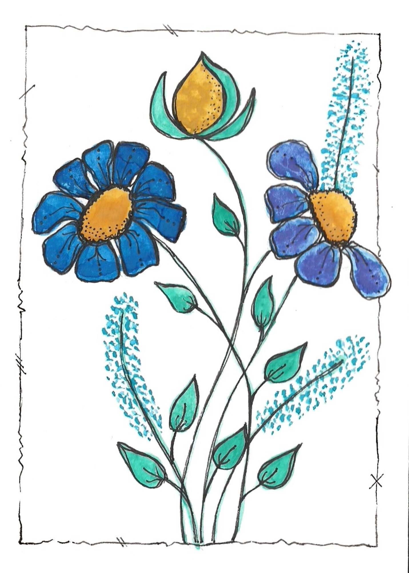 Delicate watercolor illustration of blue flowers with green stems in a minimalist style.
