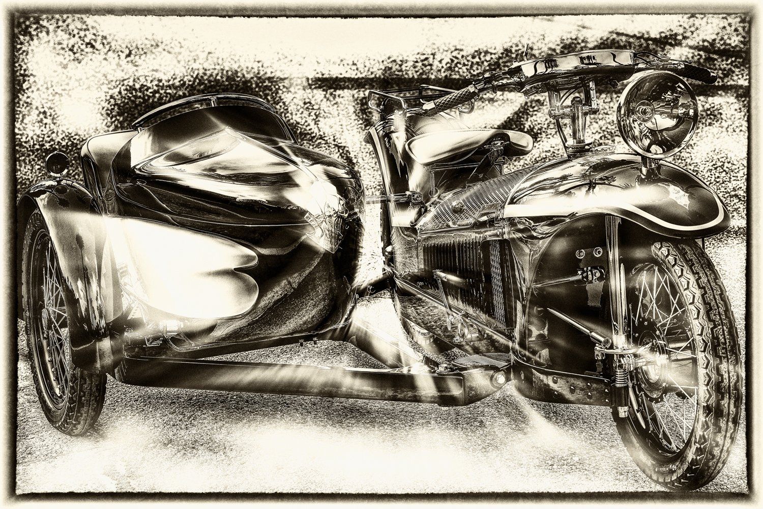 Abstract black and white artistic distortion of a classic bicycle.